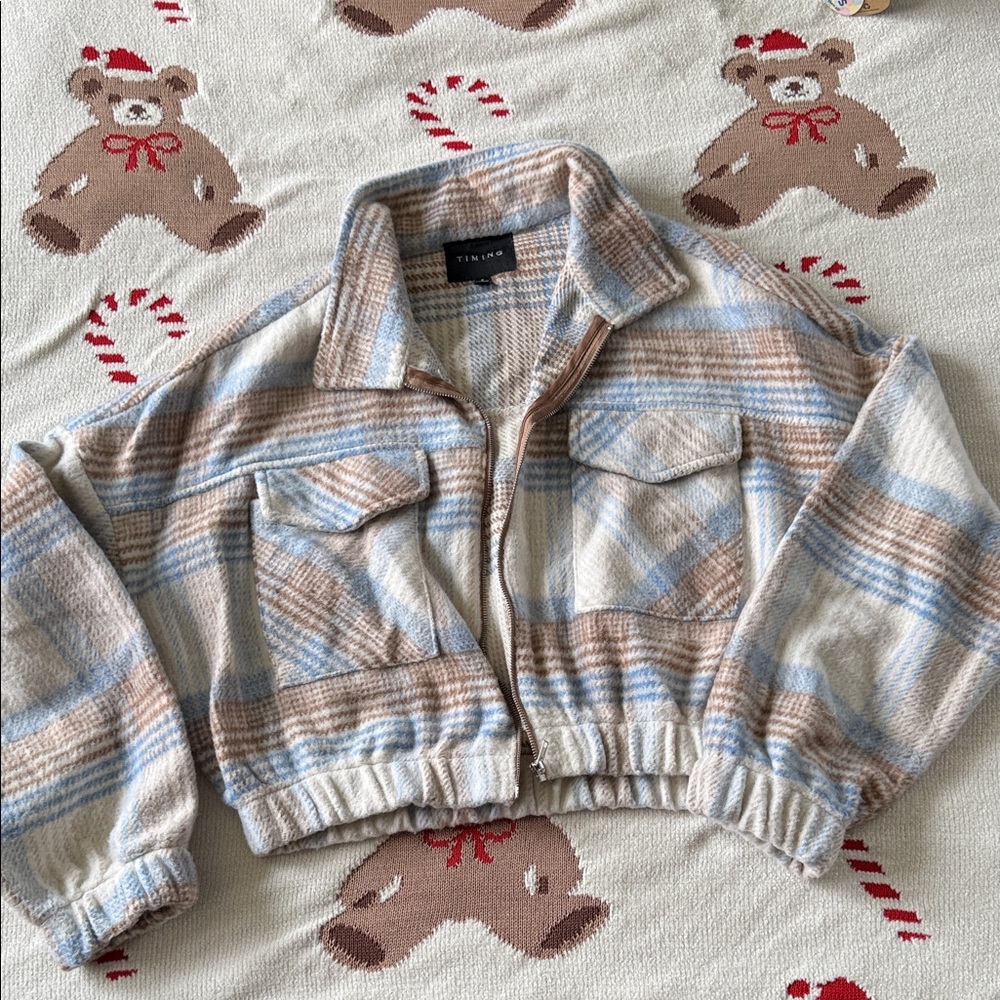 Timing Plaid Cropped Jacket in Blue and Brown